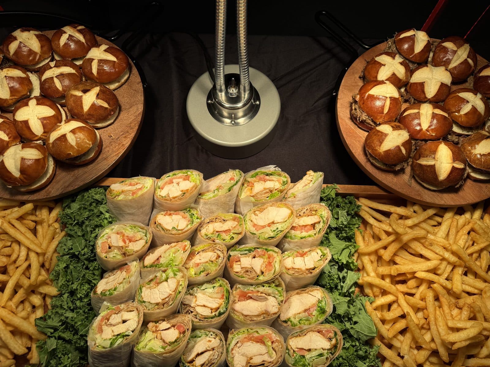 Sliders, wraps, and fries laid out for a private party at BHI Thursdays
